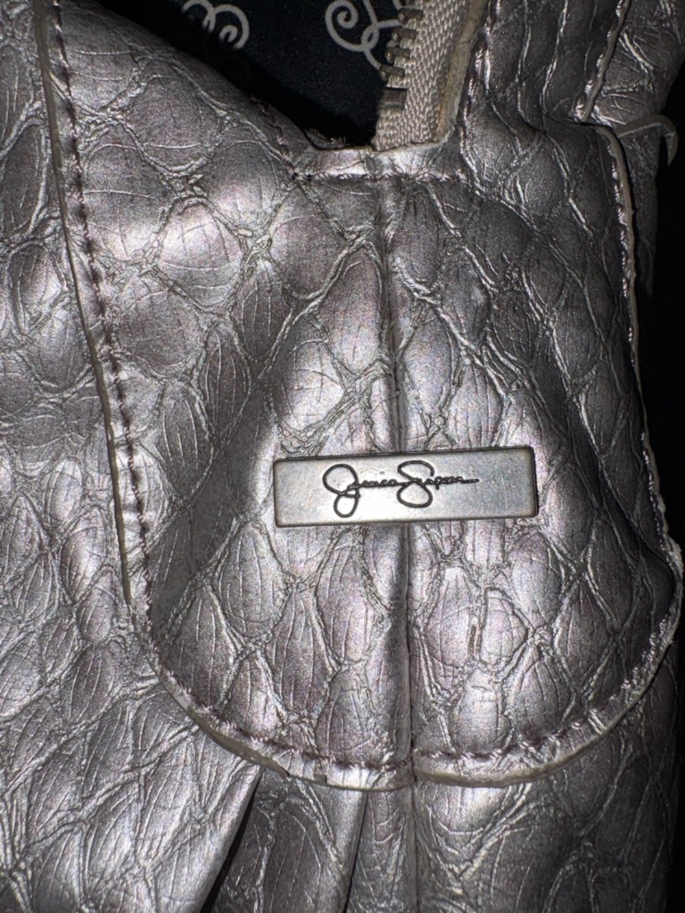 Jessica Simpson Metallic Croc Embossed Bow Satchel Tote Bag - Picture 13 of 13